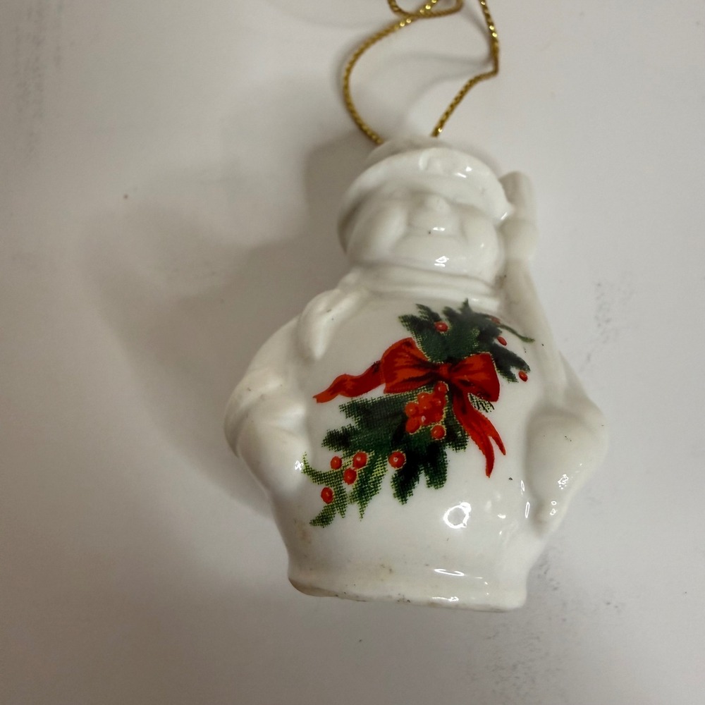 Vintage White Ceramic Snowman Christmas Ornament Holly Berry Decal 2 Inch